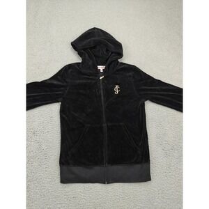 Juicy‎ Couture Hoodie Womens Medium Black Velour Full Zip Gold JC Logo Made USA